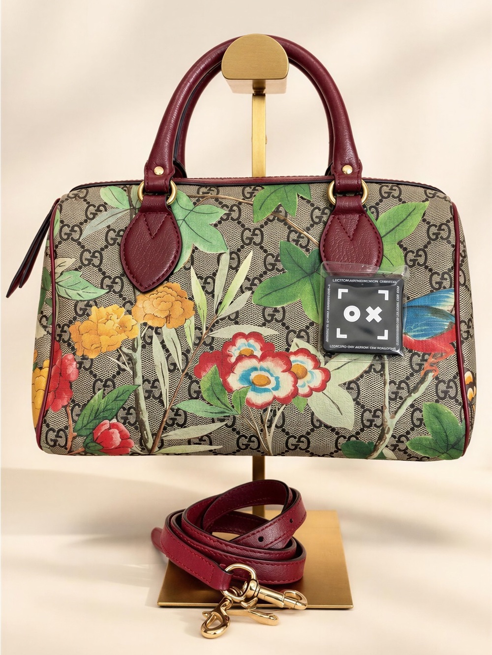 Gucci Floral GG Supreme Satchel with Burgundy Trim